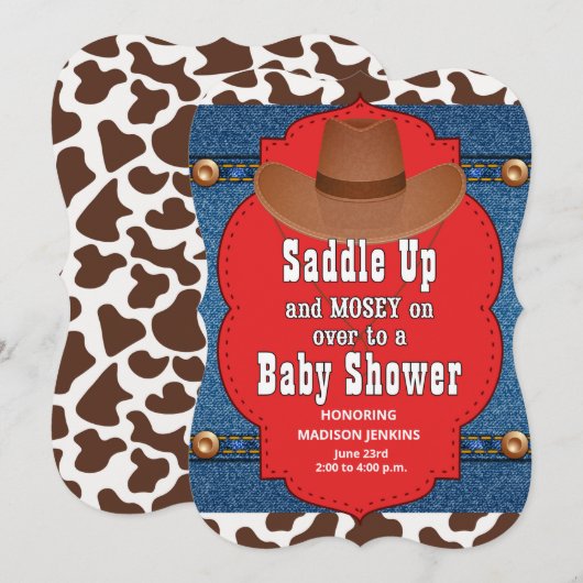 Invitation Baby shower bleu cowboy occidental (Devant / Derrière)