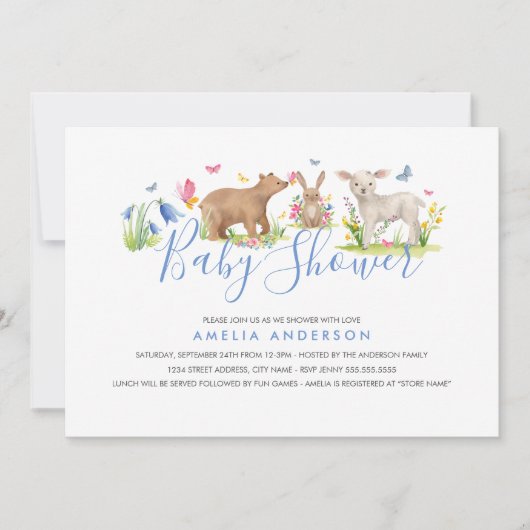 Invitation Baby shower Bleu d'animal de bois doux (Devant)