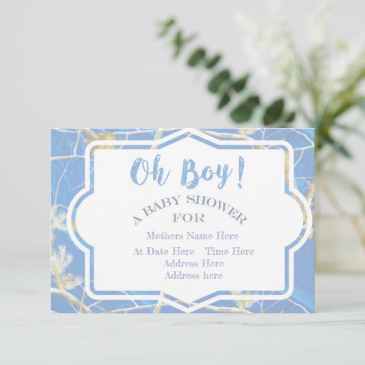 Invitation baby shower bleu de camo (Debout devant)
