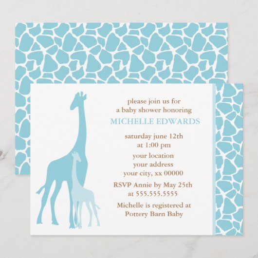 Invitation Baby shower bleu de garçon de girafes (Devant / Derrière)