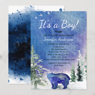 Invitation Baby shower bleu de garçon d'ours de forêt