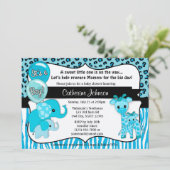 Invitation Baby shower bleu de girafe d'éléphant de safari (Debout devant)