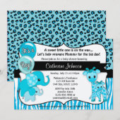 Invitation Baby shower bleu de girafe d'éléphant de safari (Devant / Derrière)