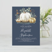 Invitation Baby shower Bleu de la marine Citrouille d'or blan (Debout devant)