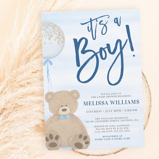 Invitation Baby shower Bleu de l'ours en peluche