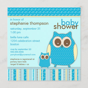 Invitation Baby shower bleu de Mama Owl et Baby Owl