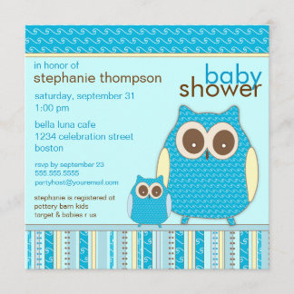 Invitation Baby shower bleu de Mama Owl et Baby Owl