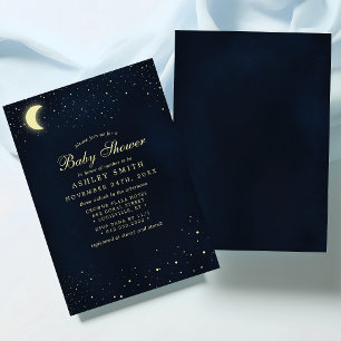 Invitation Baby Shower Bleu de Minuit Lune Céleste Étoilée