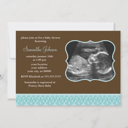 Invitation Baby shower bleu de sonogramme de motif de damassé (Devant)