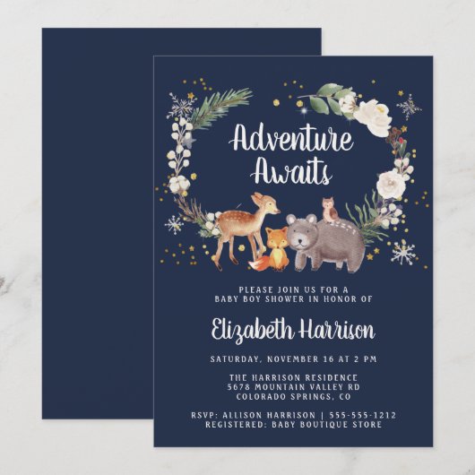 Invitation Baby shower Bleu d'hiver pour les animaux des bois (Devant / Derrière)