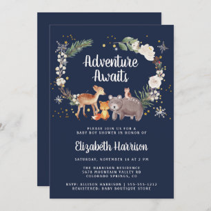 Invitation Baby shower Bleu d'hiver pour les animaux des bois