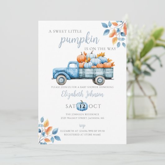 Invitation Baby shower bleu doux Citrouille photo QR Code (Debout devant)