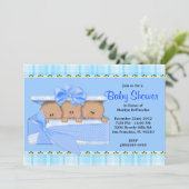 Invitation Baby shower bleu doux MIGNON de triplets (Debout devant)