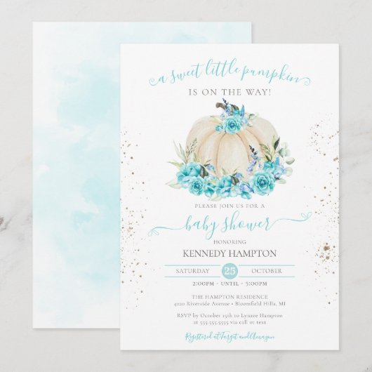 Invitation Baby shower bleu doux Petit Citrouille Turquoise (Devant / Derrière)