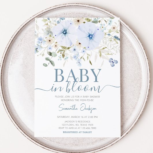 Invitation Baby shower bleu Dusty Baby Bloom