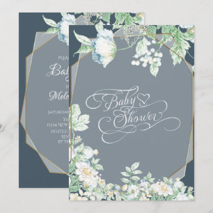 Invitation Baby shower   Bleu Dusty Berries Fleurs sauvages