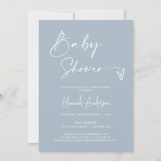 Invitation Baby shower bleu Dusty simple moderne QR Code Phot (Devant)