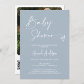Invitation Baby shower bleu Dusty simple moderne QR Code Phot (Devant / Derrière)