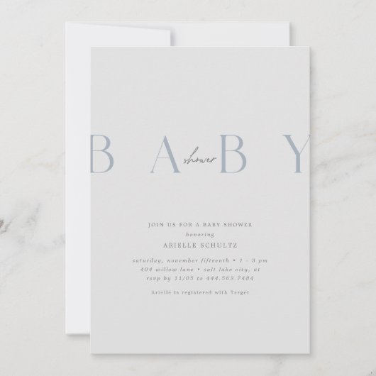 Invitation Baby shower bleu Dusty ultra-moderne (Devant)