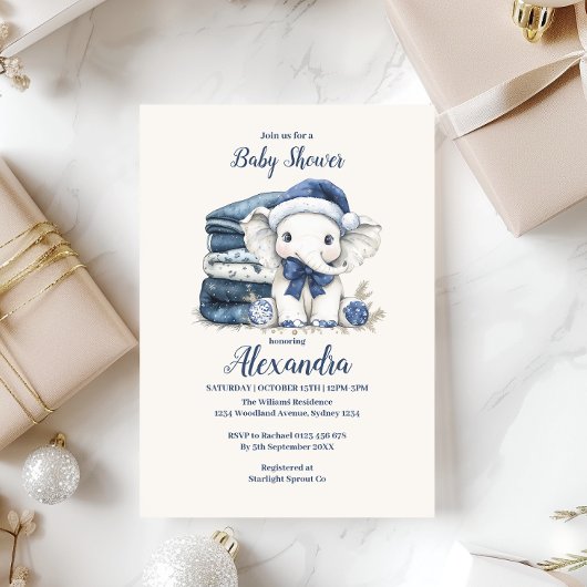 Invitation Baby shower bleu éléphant de Noël