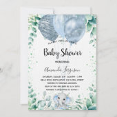 Invitation Baby shower bleu éléphant eucalyptus garçon luxe (Devant)