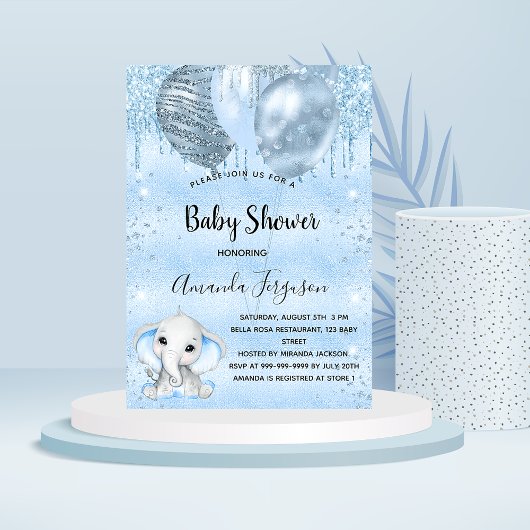 Invitation Baby shower bleu éléphant garçon ballons
