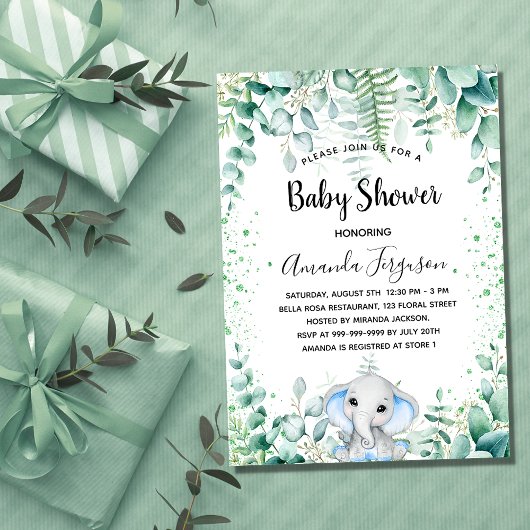 Invitation Baby shower bleu éléphant garçon eucalyptus luxe