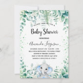 Invitation Baby shower bleu éléphant garçon eucalyptus vert (Devant)