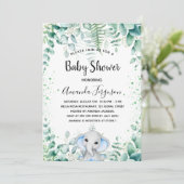 Invitation Baby shower bleu éléphant garçon eucalyptus vert (Debout devant)