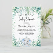 Invitation Baby shower bleu éléphant garçon eucalyptus vert (Debout devant)