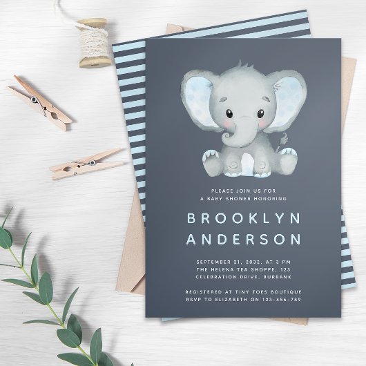 Invitation Baby shower bleu Eléphant mignon