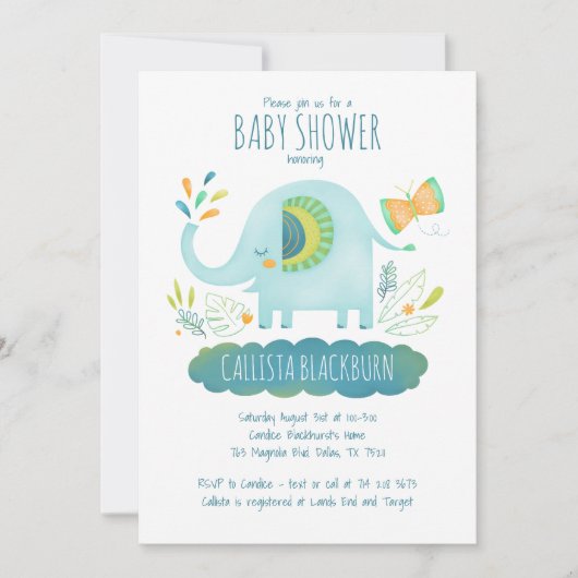 Invitation Baby shower bleu Eléphant mignon (Devant)