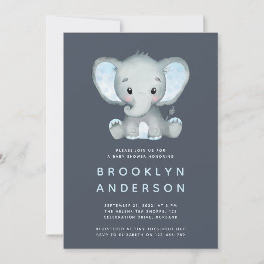Invitation Baby shower bleu Eléphant mignon (Devant)