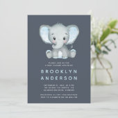 Invitation Baby shower bleu Eléphant mignon (Debout devant)