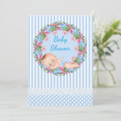 Invitation Baby shower Bleu en bande avec couchage (Debout devant)