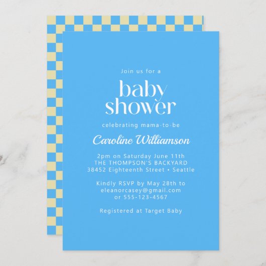 Invitation Baby shower bleu en damier esthétique rétro (Devant / Derrière)