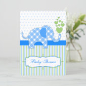 Invitation Baby shower bleu En vichy éléphant (Debout devant)