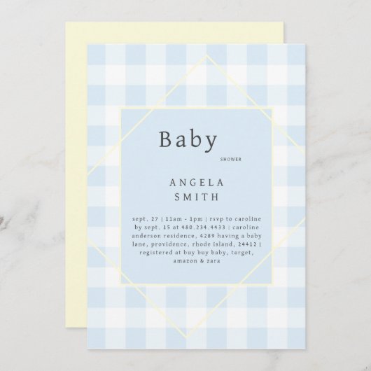 Invitation Baby shower bleu En vichy simple (Devant / Derrière)