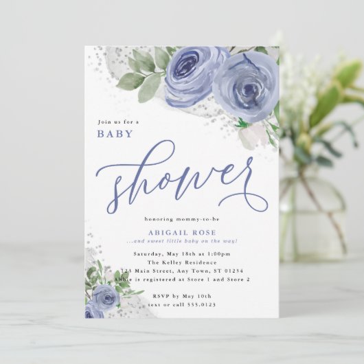 Invitation Baby shower, bleu et argent Fleurs aquarelles (Debout devant)