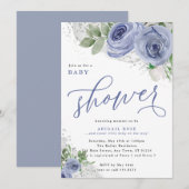 Invitation Baby shower, bleu et argent Fleurs aquarelles (Devant / Derrière)
