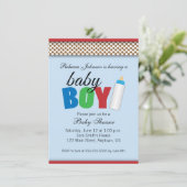 Invitation Baby shower bleu et Brown Pois Garçon (Debout devant)