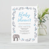 Invitation Baby shower bleu et gris éléphant (Debout devant)