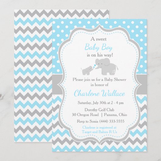 Invitation Baby shower bleu et gris éléphant (Devant / Derrière)