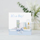 Invitation Baby shower bleu et jaune (Debout devant)