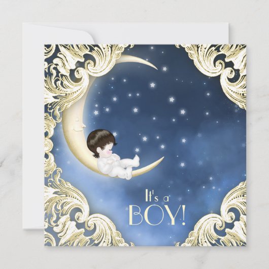 Invitation Baby shower bleu et jaune de la lune (Devant)