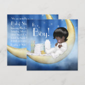 Invitation Baby shower bleu et jaune de la lune (Devant / Derrière)