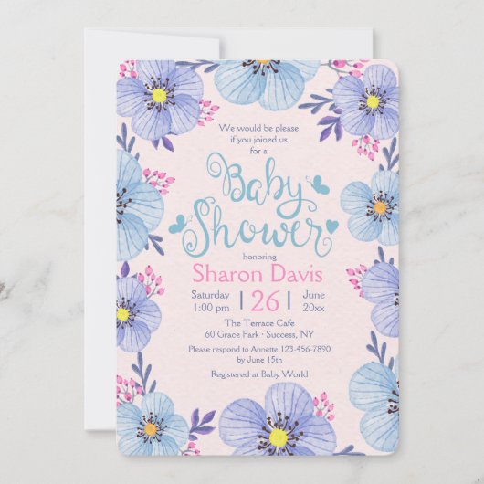 Invitation Baby shower bleu et rose (Devant)