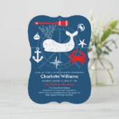 Invitation Baby shower bleu et rouge Ahoy Nautical (Debout devant)