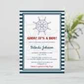 Invitation Baby shower bleu et rouge marine (Debout devant)