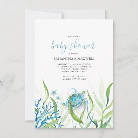 Invitation Baby shower bleu et vert de la tortue d (Devant)